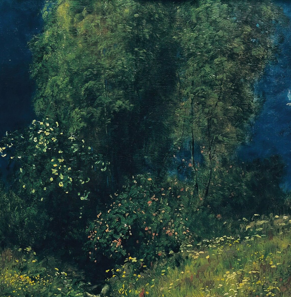 Moonlit Wildflower Meadow With a Reclining Woman Night Classic Art Poster - Image 2