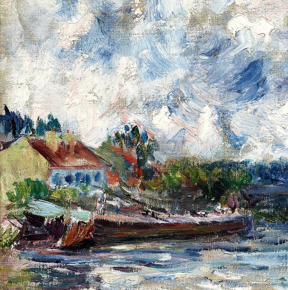 Impressionist River Scene with a Bridge and Moored Boats Poster - Image 3