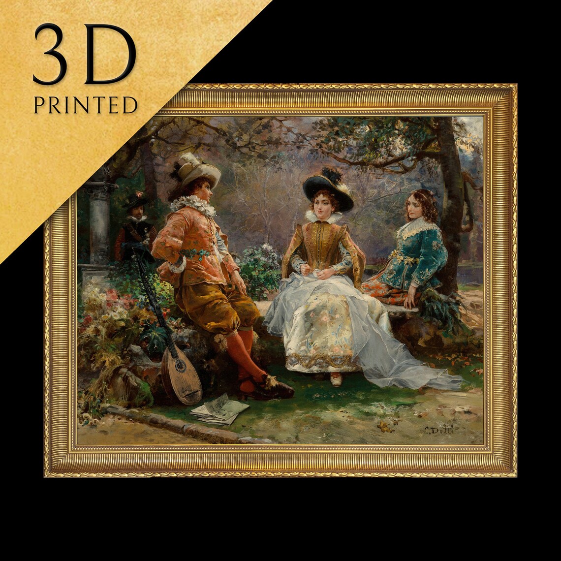 Costumed Lute Player Serenading Two Ladies in a Garden Art Poster