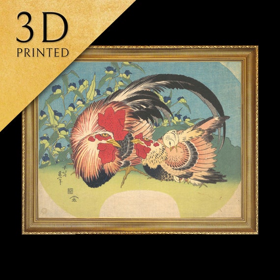 Rooster Hen And Chicken With Spiderwort By Hokusai 3d Printed With Texture And Brush Strokes Looks Like Original Oil Painting