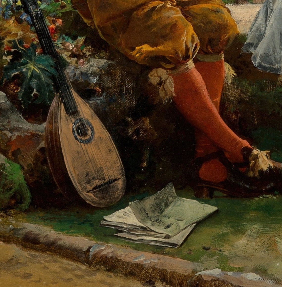 Costumed Lute Player Serenading Two Ladies in a Garden Art Poster - Image 2