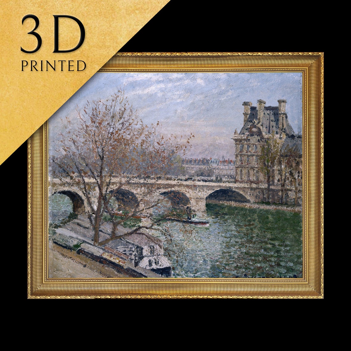 Paris Louvre Pavilion and Stone Bridge Over the Seine Art Poster