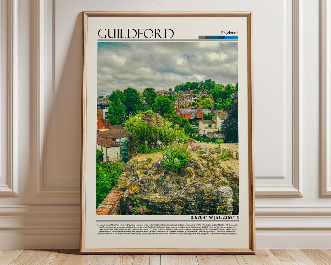Guildford England Castle Ruins Hilltop Town View Travel Poster