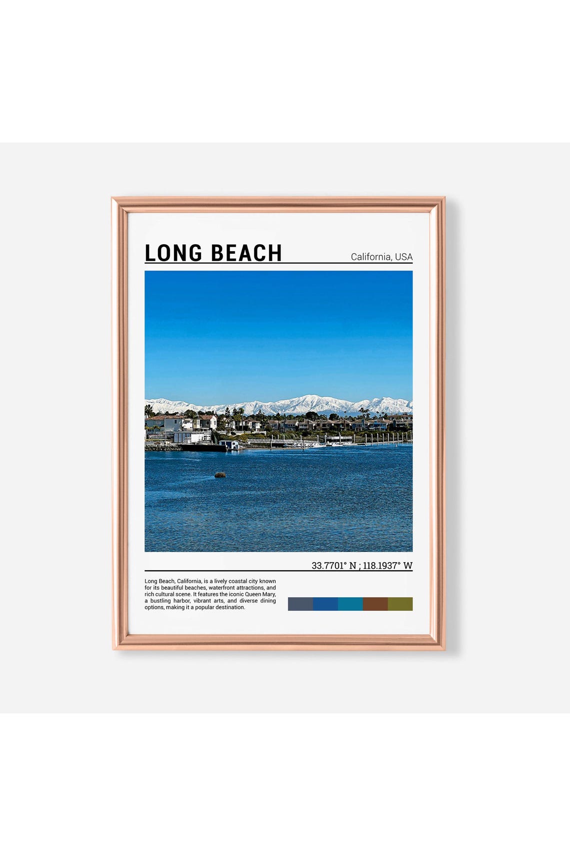 Long Beach California Harbor Snow Capped Mountain View Poster