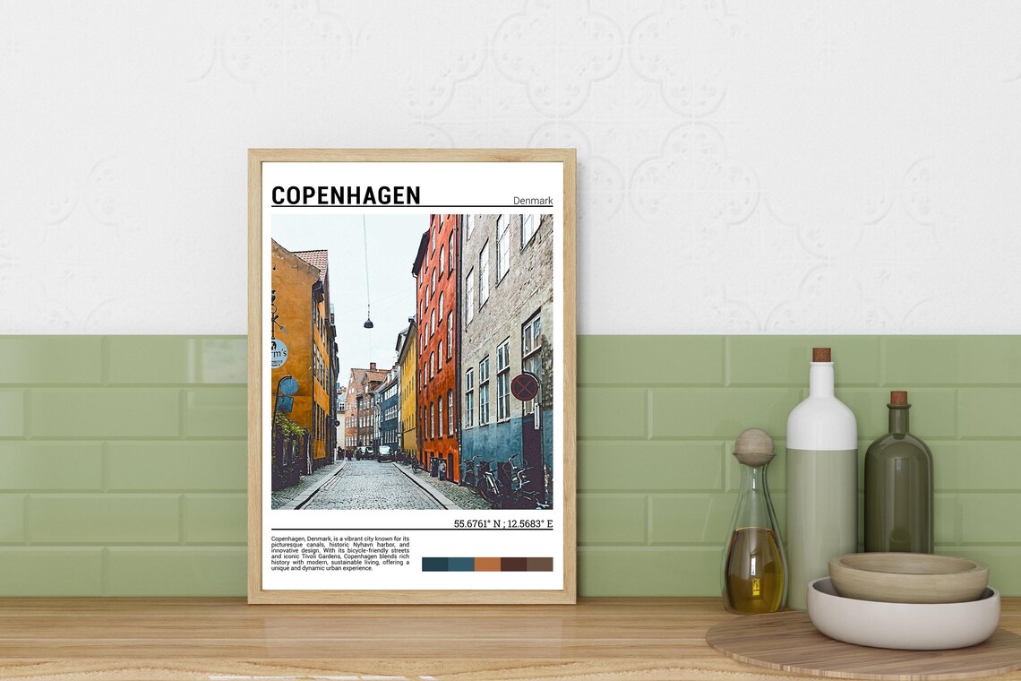 Copenhagen Denmark Cobblestone Street Colorful Houses Travel Poster - Image 3