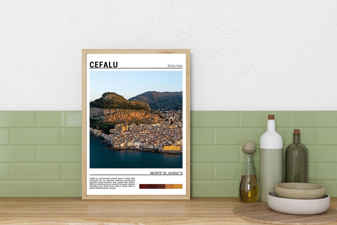 Cefalu Sicily Old Town La Rocca Cliffs Seaside View Travel Poster - Image 3