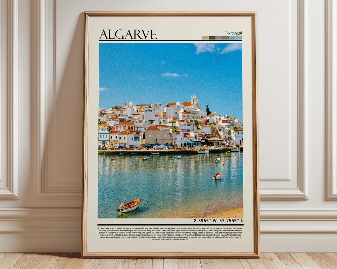 Algarve Portugal Whitewashed Seaside Town Fishing Boats Travel Poster