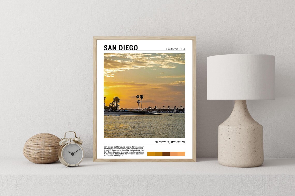 San Diego California Sunset Bay Palm Trees Marina View Travel Poster - Image 2