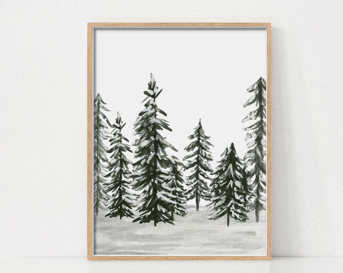 Winter Pine Trees Art Print, Neutral Christmas Decor