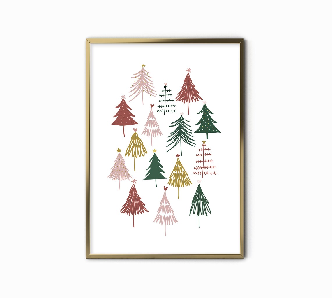 Colorful Whimsical Christmas Trees Modern Holiday Decor Wall Art