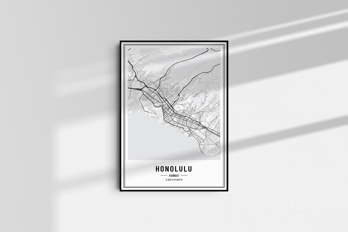 Honolulu Hawaii City Street Map Minimalist Black and White Poster - Image 4