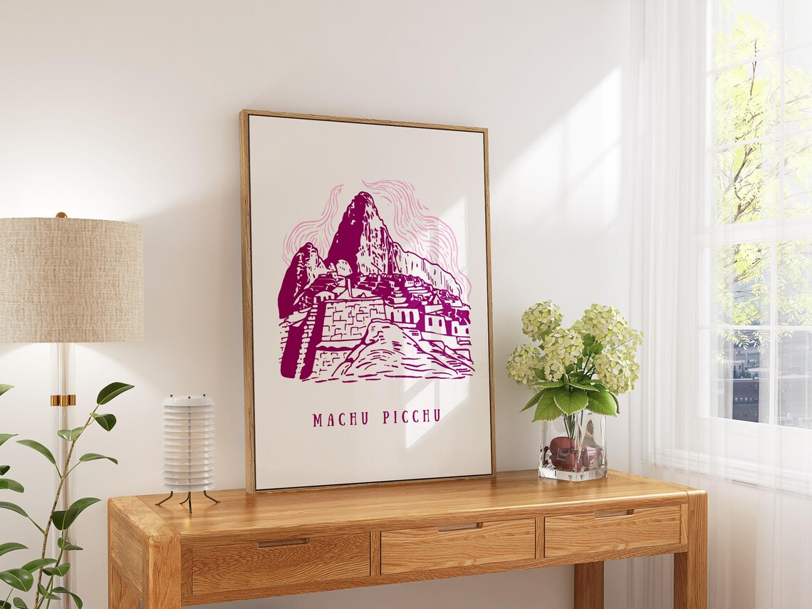 Machu Picchu Ancient Mountain Ruins Magenta Line Art Minimalist Print - Image 2