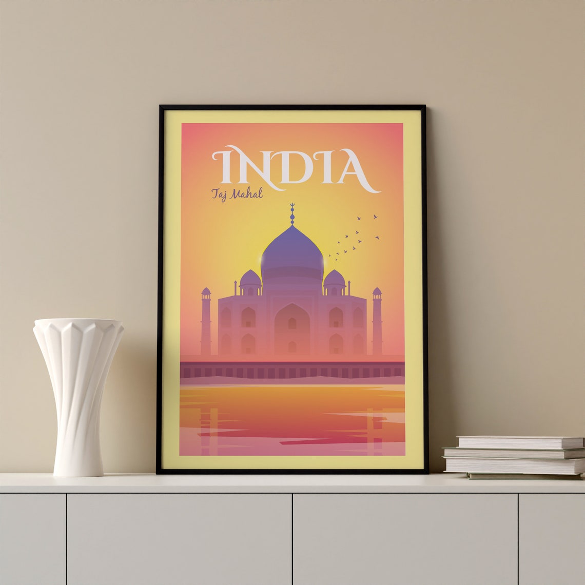 India Taj Mahal Sunrise Silhouette Reflection Agra Travel Poster Art - Image 2