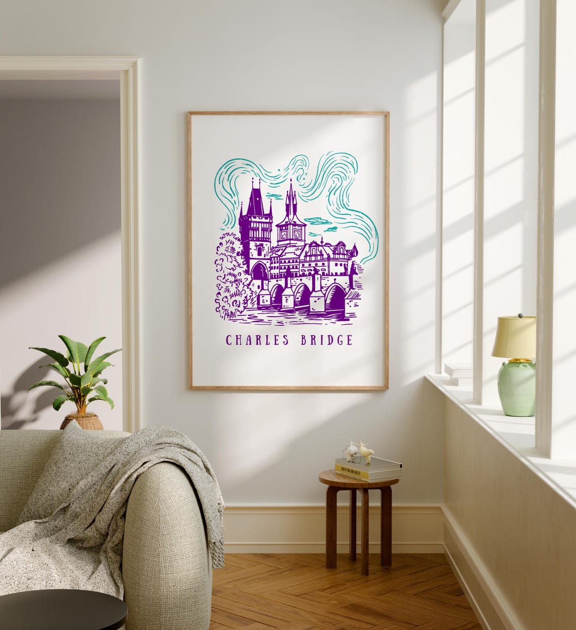Charles Bridge Prague Hand Drawn Purple Illustration Art Poster - Image 6
