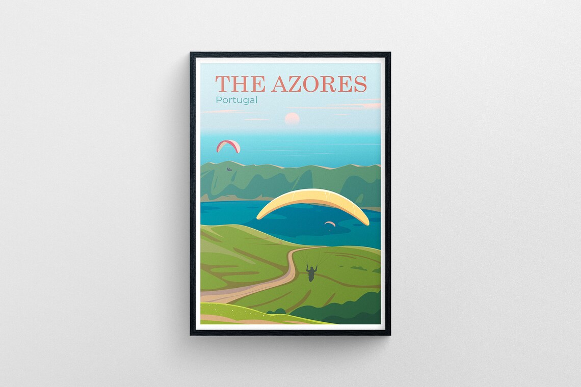 The Azores Portugal Paragliding Crater Lake Green Hills Poster Art - Image 5