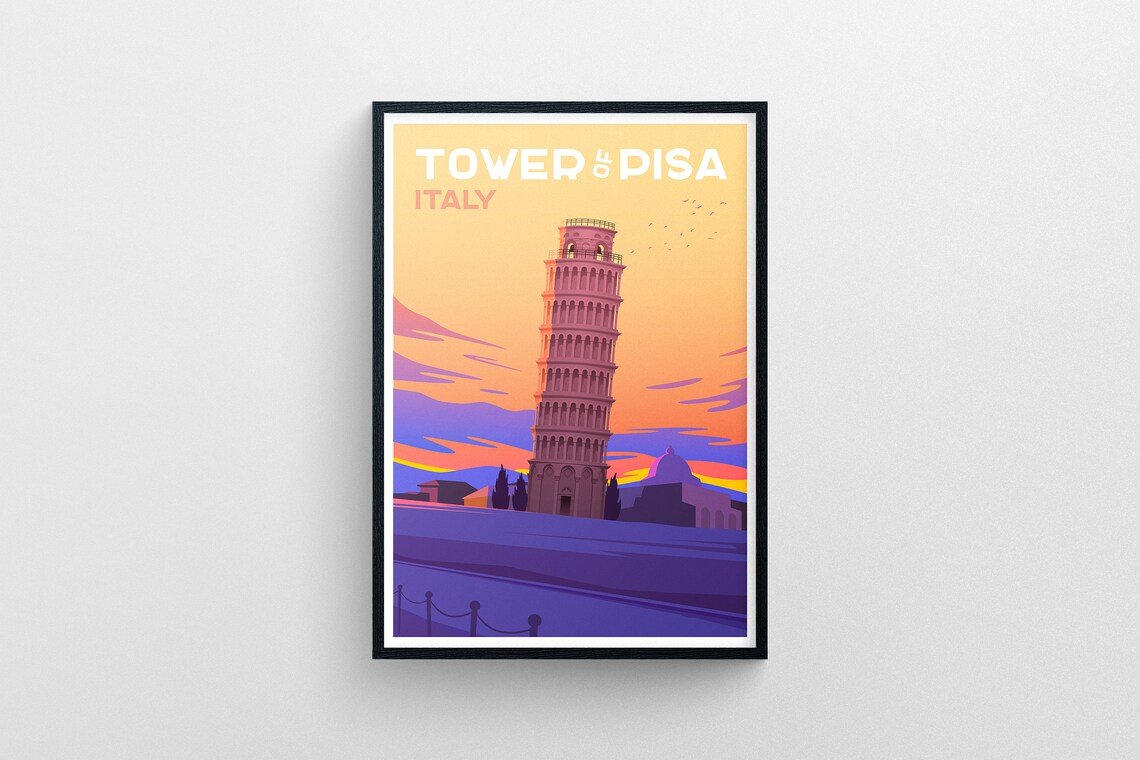 Tower of Pisa Italy Sunset Vintage Travel Illustration Poster - Image 5