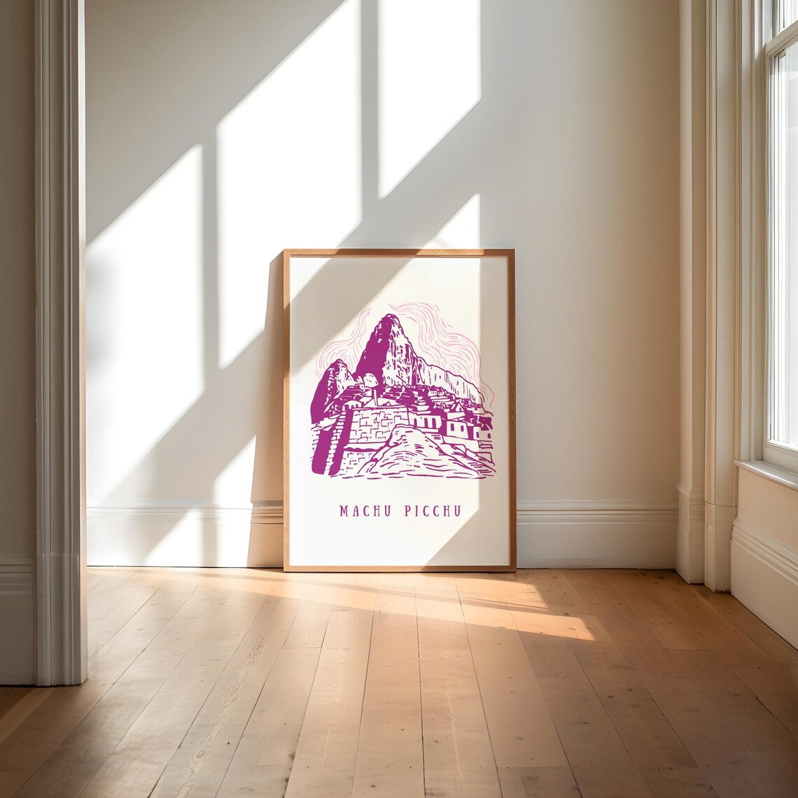 Machu Picchu Ancient Mountain Ruins Magenta Line Art Minimalist Print - Image 3