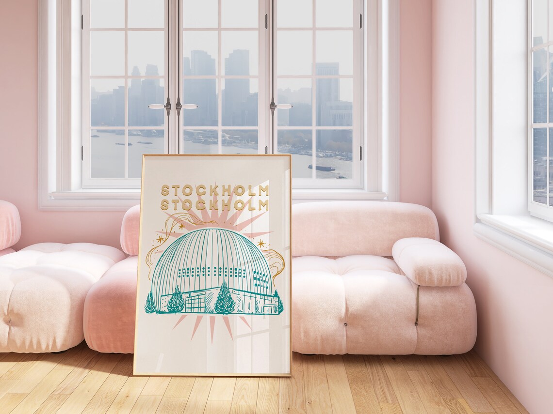 Stockholm Sweden Teal Globe Arena Sketch Line Art Retro Poster - Image 4