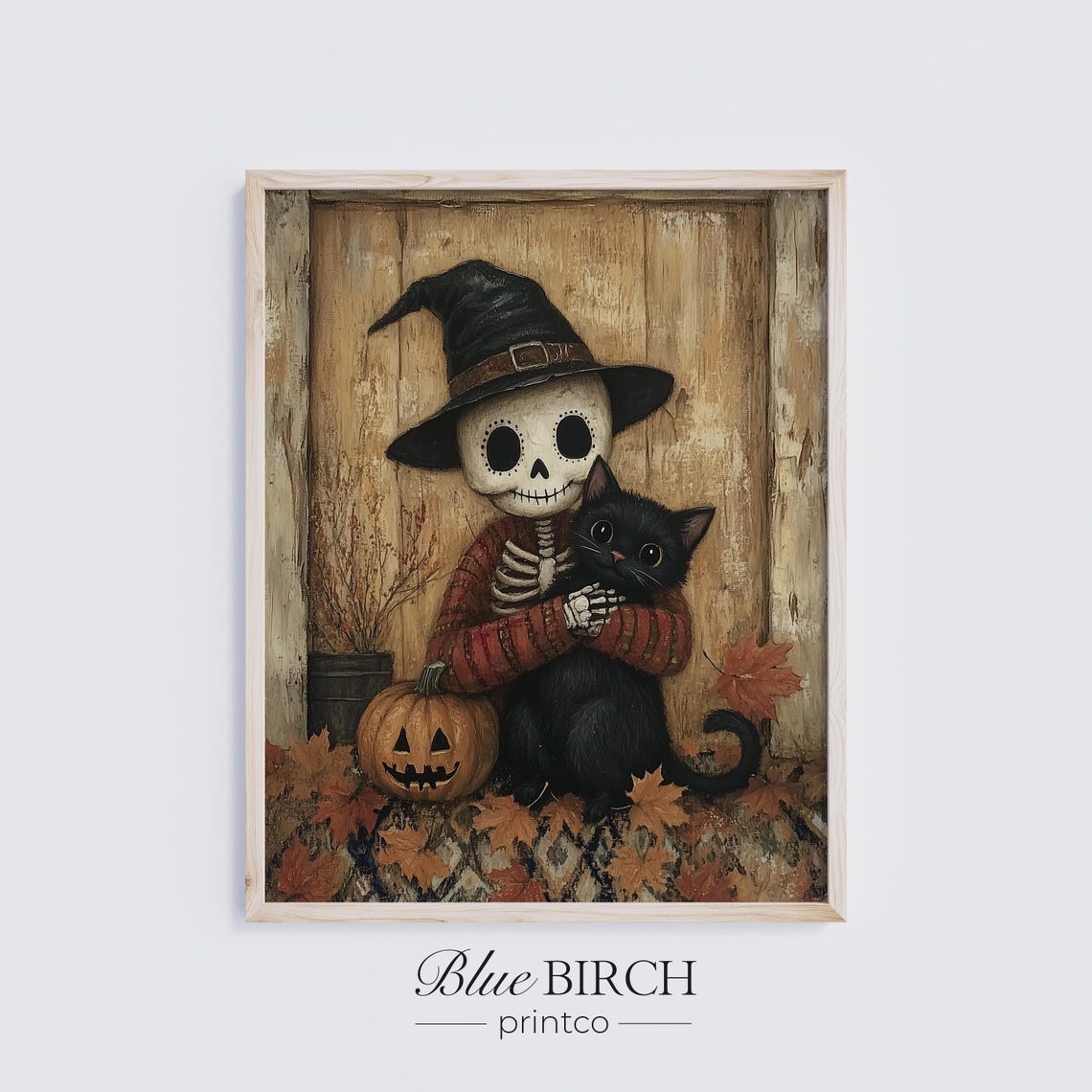 Vintage Halloween Skeleton With Cat Rustic Autumn Leaves Wall Decor Spooky Witch Hat Art Pumpkin Fall Print 53
