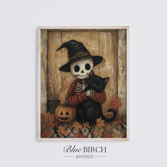 Vintage Halloween Skeleton With Cat Rustic Autumn Leaves Wall Decor Spooky Witch Hat Art Pumpkin Fall Print 53