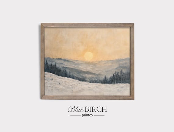 Winter Sunrise Landscape Print Moody Mountain Wall Art Snowy Forest Painting Cozy Rustic Cabin Christmas Decor 386