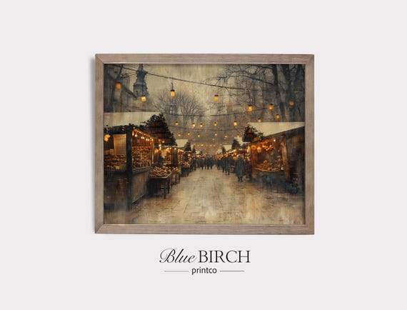 Vintage Christmas Market Print Nostalgic Holiday Wall Art Cozy Rustic Decor Moody Winter Scene 370