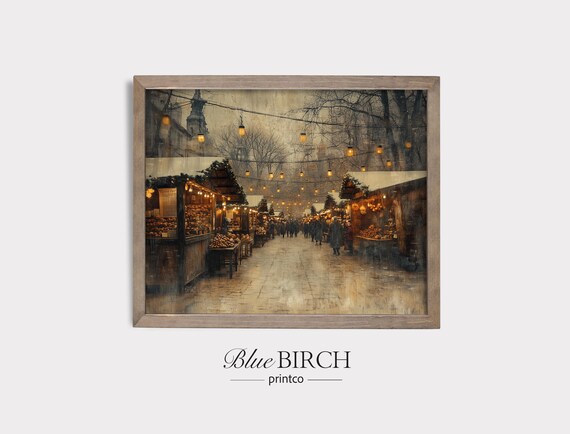 Vintage Christmas Market With Glowing Stalls And String Lights Winter Poster