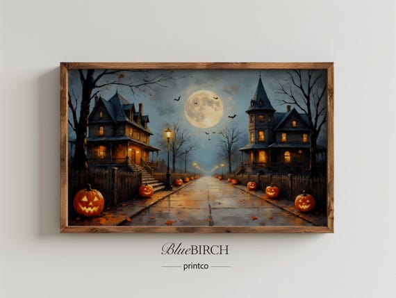 Spooky Halloween Street Frame Tv Art Vintage Oil Painting Decor Haunted Night Scene Moonlit Houses 1