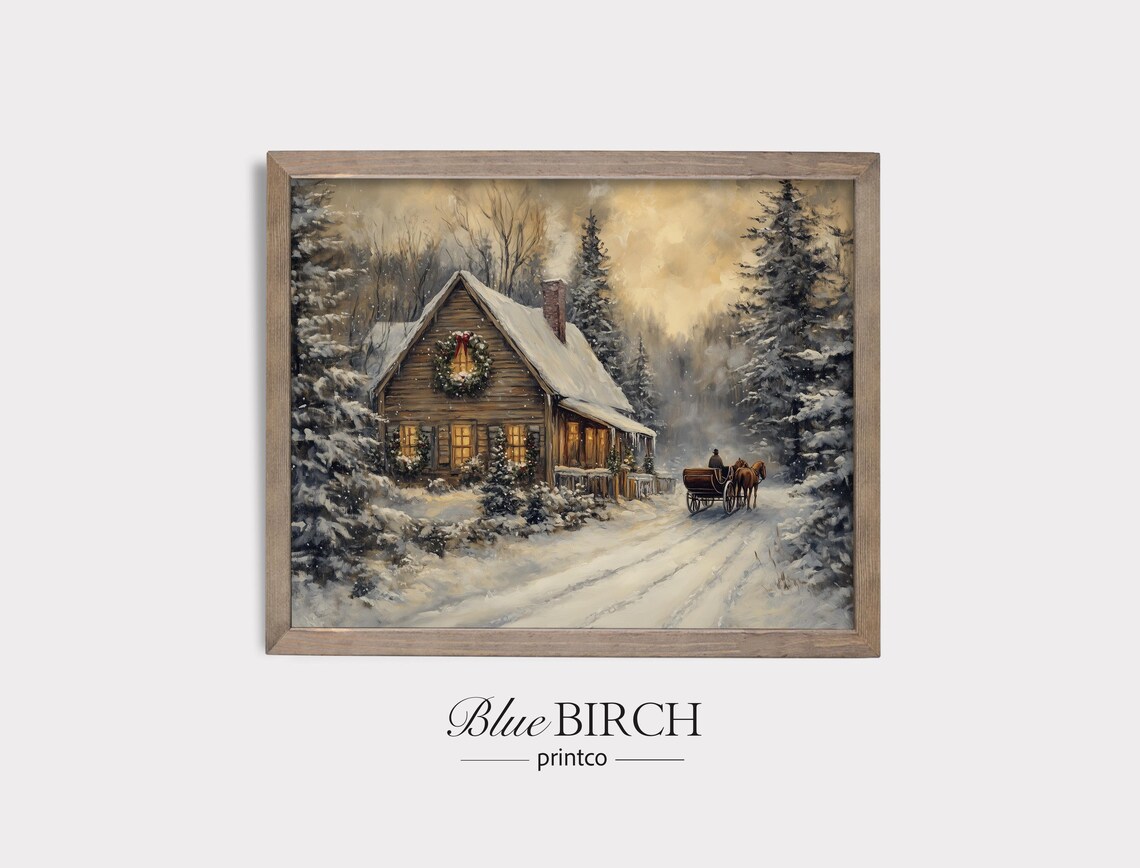 Cozy Christmas Cabin In Snowy Woods With Sleigh Vintage Winter Scene Poster