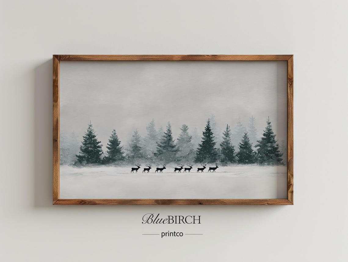 Minimalist Reindeer Herd in Snowy Forest Winter Landscape Wall Art