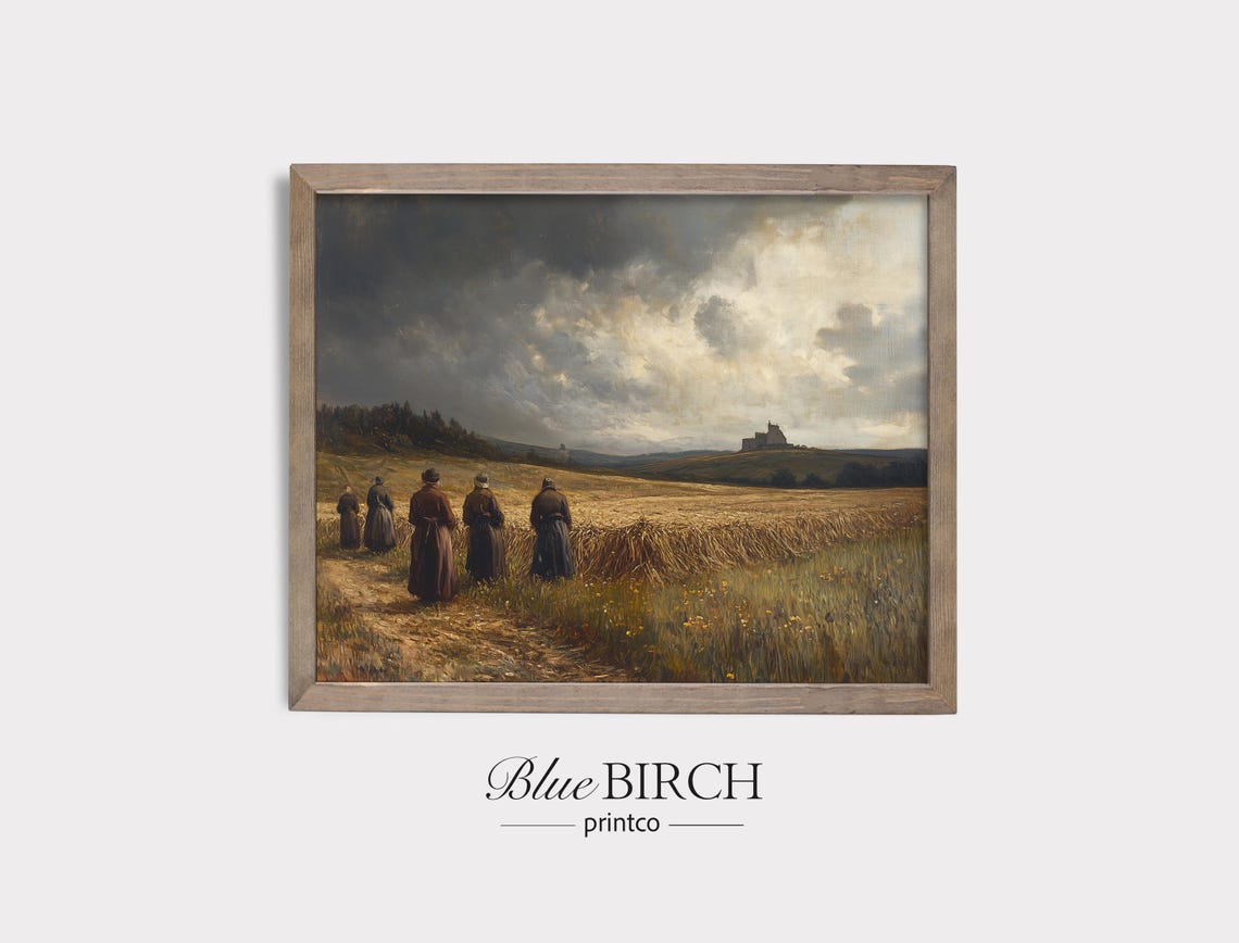 Harvesters In Golden Wheat Field Dramatic Sky Vintage Countryside Poster