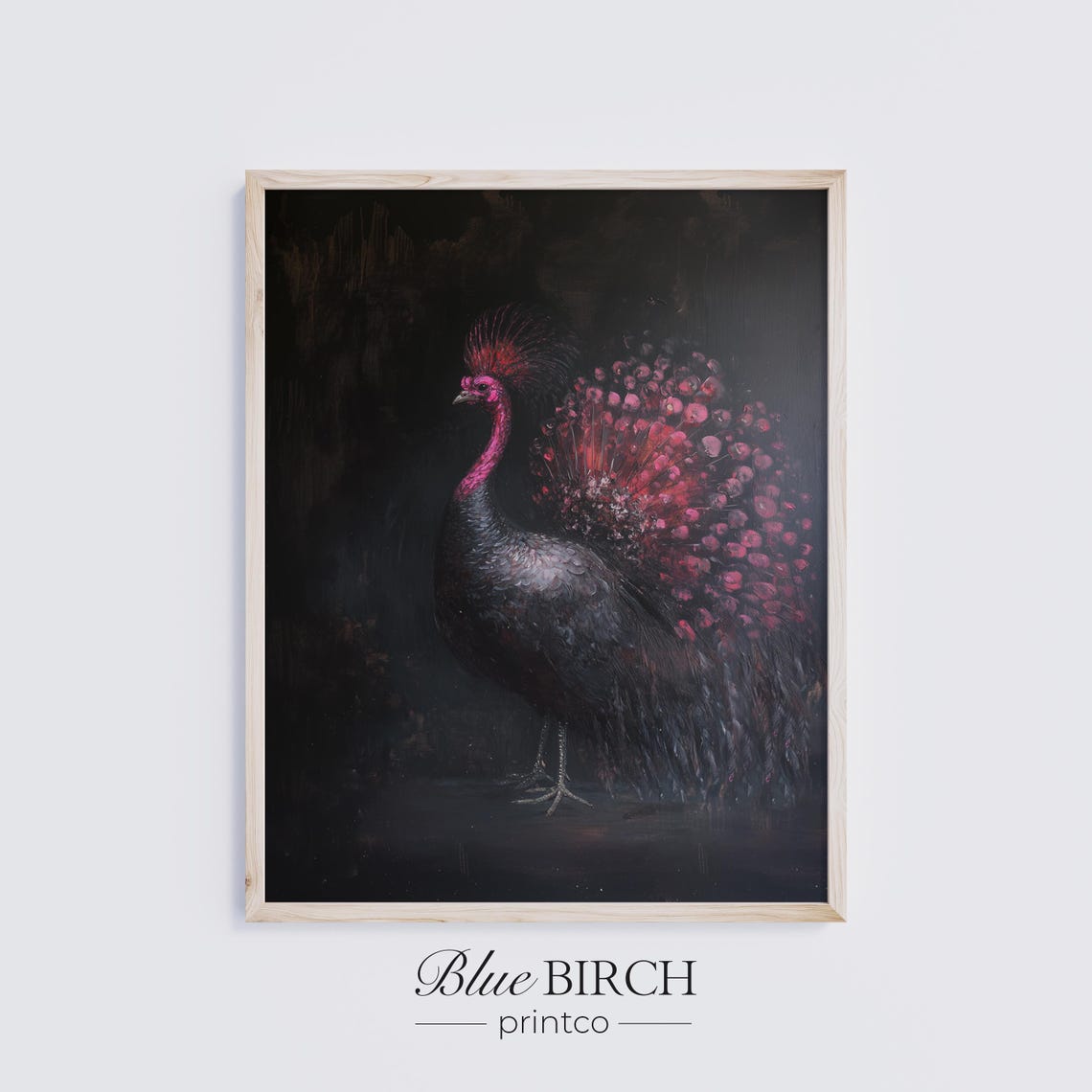 Dark Moody Peacock Black Magenta Tail Feathers Elegant Bird Wall Art
