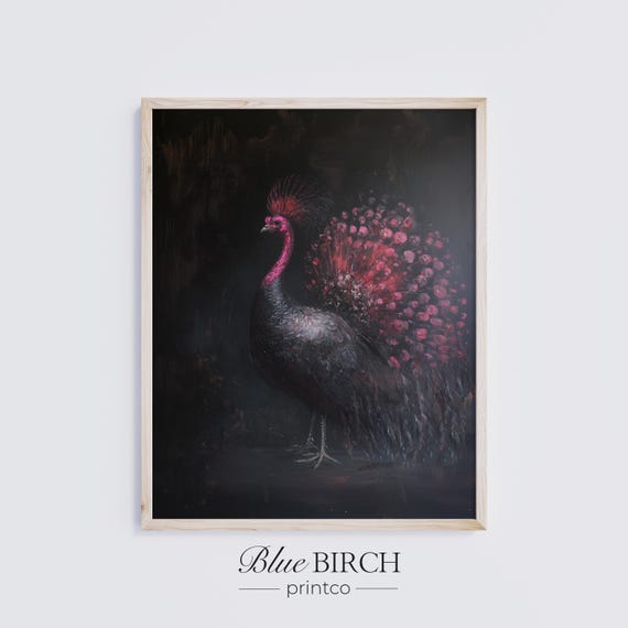 Dark Moody Peacock Black Magenta Tail Feathers Elegant Bird Wall Art