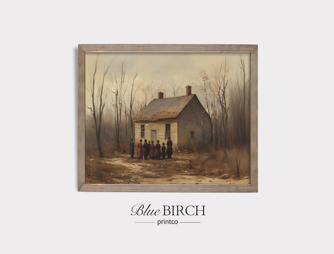 Rustic Family Gathering Old Cottage Autumn Vintage Oil Painting Wall Art
