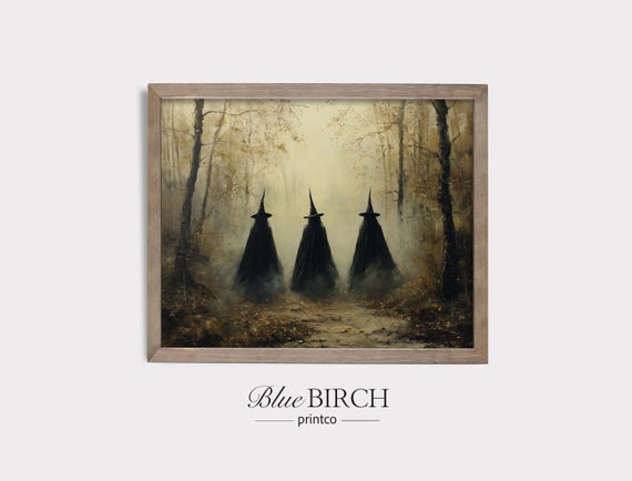 Moody Witch Trio In Fog Spooky Forest Scene Rustic Halloween Art Wall Decor Vintage Dark Fantasy Painting Print 45