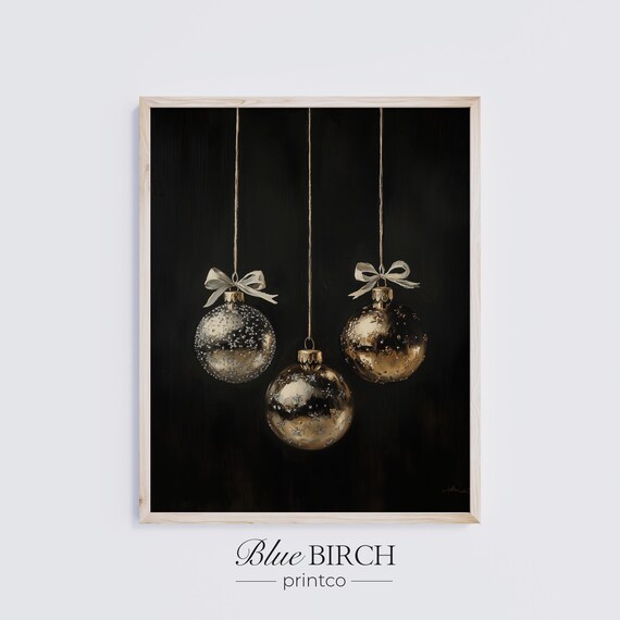 Silver Gold Christmas Ornaments Bows Moody Black Background Poster