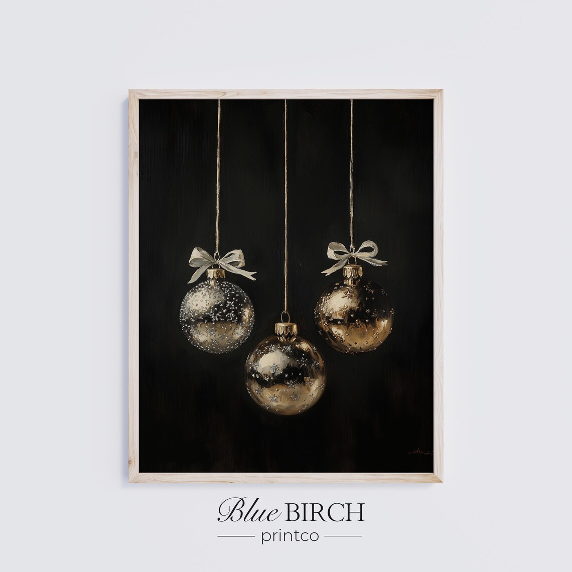 Silver Gold Christmas Ornaments Bows Moody Black Background Poster