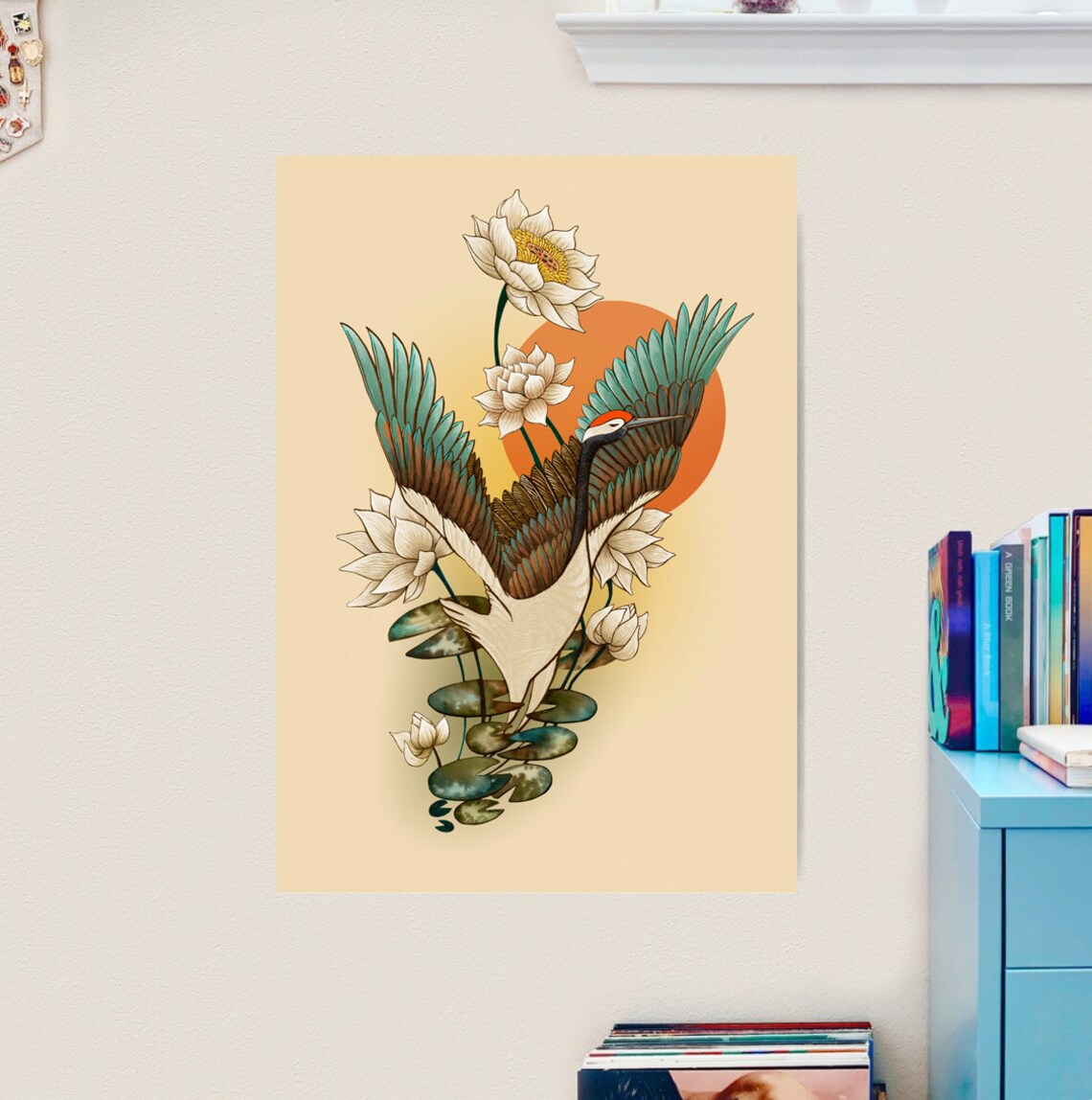 Red Crowned Crane Japanese Style Lotus Flower Orange Sun Art Poster - Image 4