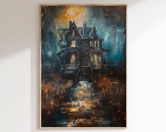 Halloween Wall Art Haunted House Painting Spooky Fall Decor Autumn Artwork Print Dark Academia Moody Decoration