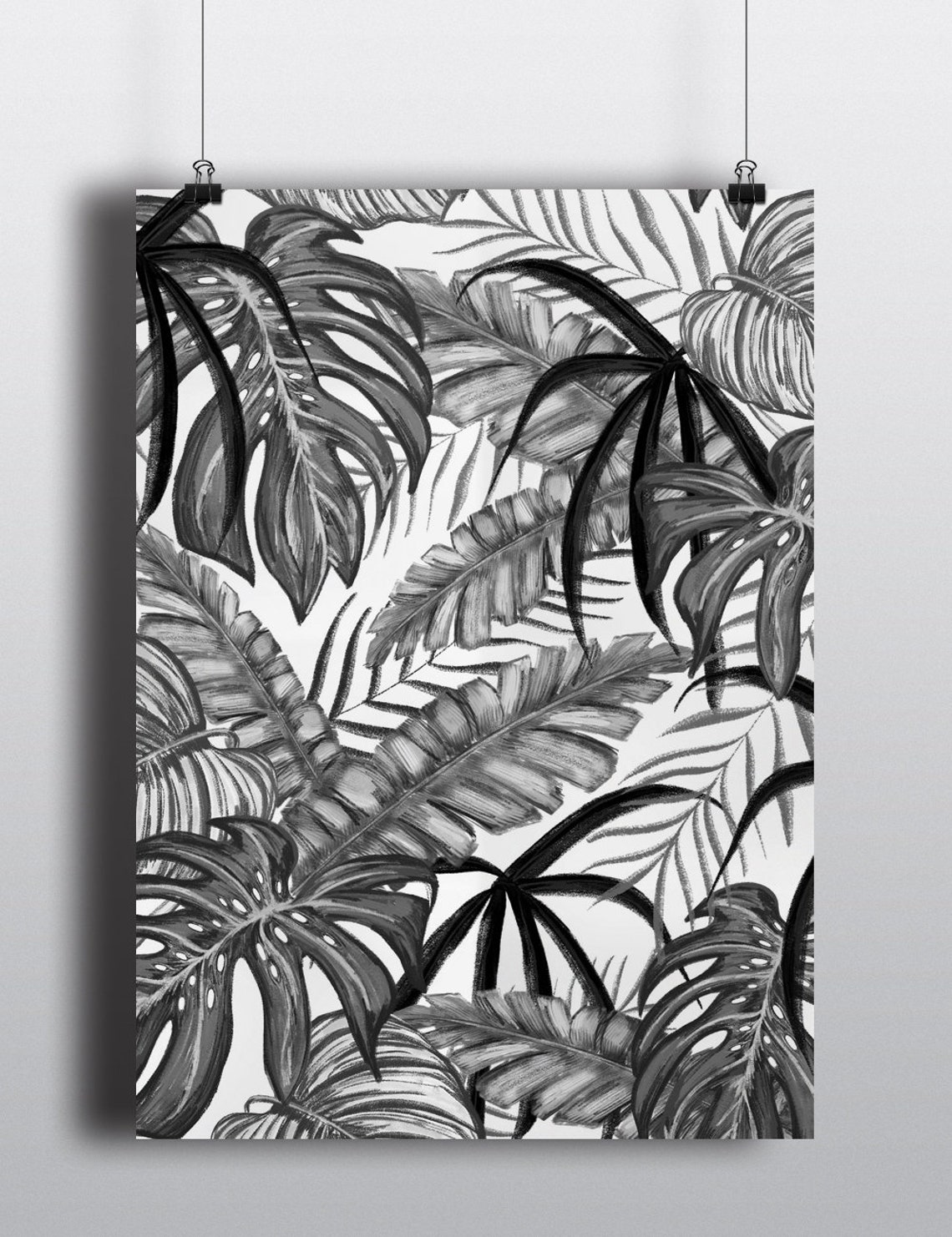 Grayscale Tropical Palm Leaves Botanical Monochrome Sketch Poster - Image 2
