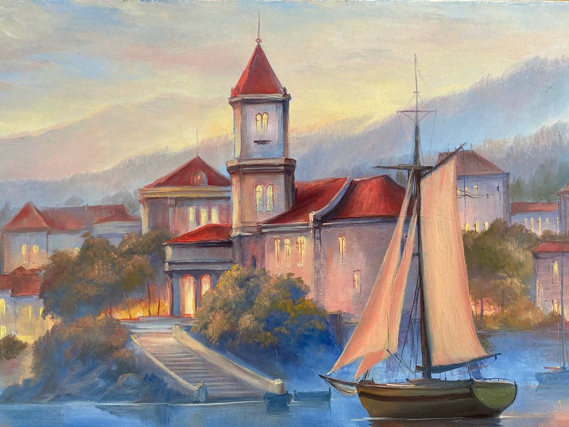 Italian Landscape Painting On Italian Village Oil Painting Original Italy Art Boat In Lake Painting Italian Coast Artwork - Image 2