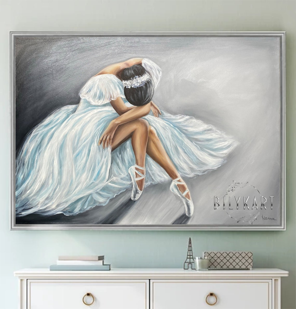 Ballerina Sitting On Floor Oil Painting Original Beautiful Woman Art Lady Artwork Hand Painted Girl In White Dress Painting On - Image 2