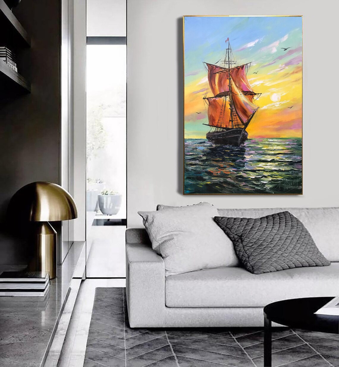 Tall Ship Red Sails Sunset Golden Yellow Sky Ocean Seascape Art Poster - Image 2
