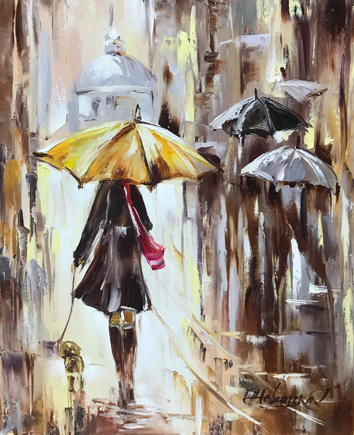 Woman With Yellow Umbrella Rainy City Street Dog Walk Art Poster - Image 3