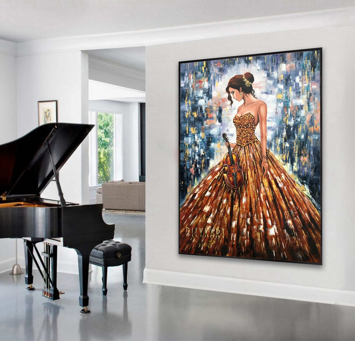 Elegant Woman Gold Gown Holding Violin Musician Figurative Art Poster - Image 2