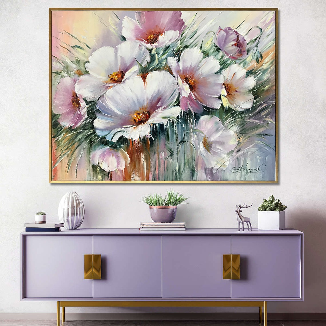 Abstract Floral Original Oil Painting Floral Wall Art Purple Flowers Painting Abstract Flower Art Modern White Floral Painting - Image 3