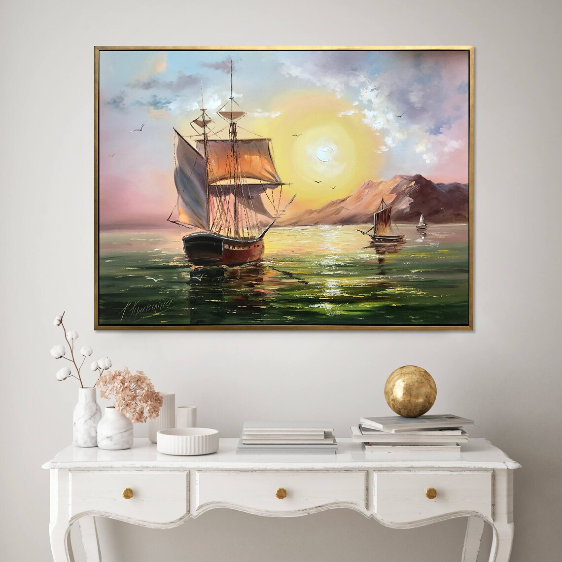 Sailing Ship Sunset Ocean Tall Ship Oil Painting Nautical Art Poster - Image 3