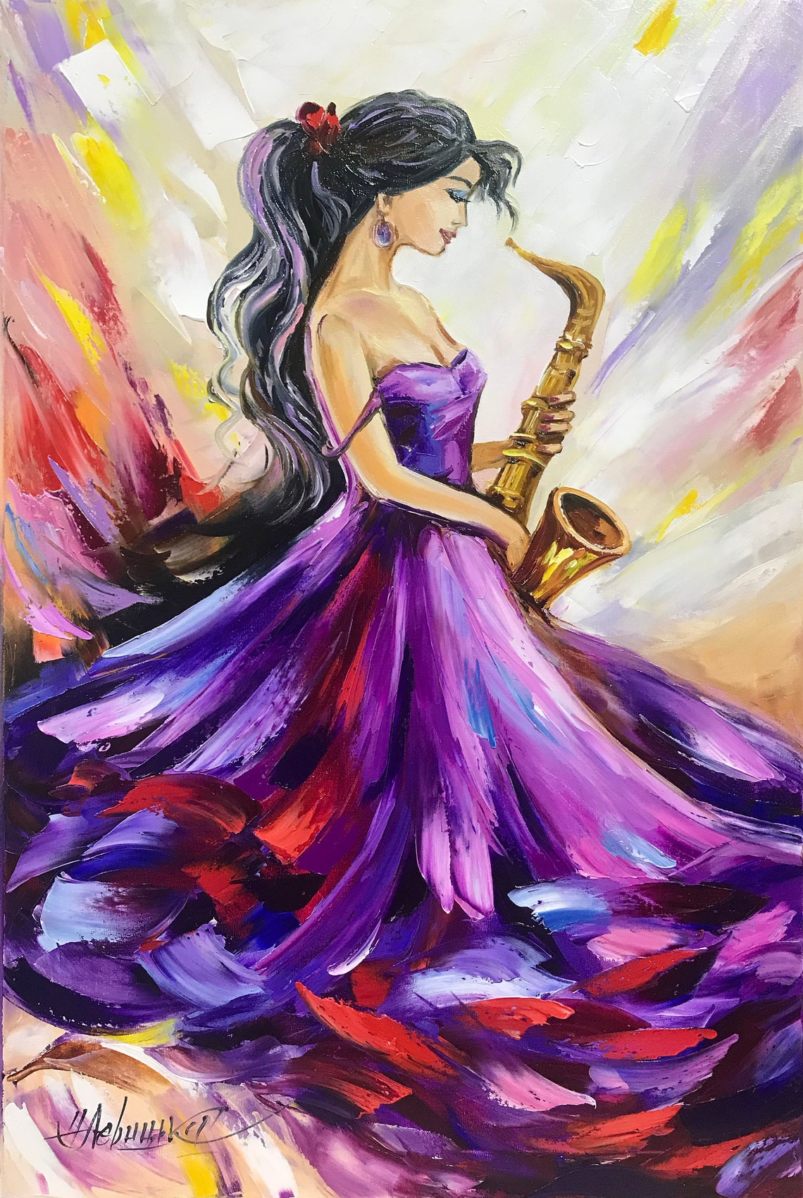 Large Woman In Purple Dress Painting On Abstract Woman Saxophone Wall Art Girl Music Oil Painting Original Abstract Jazz Wall Artwork - Image 3
