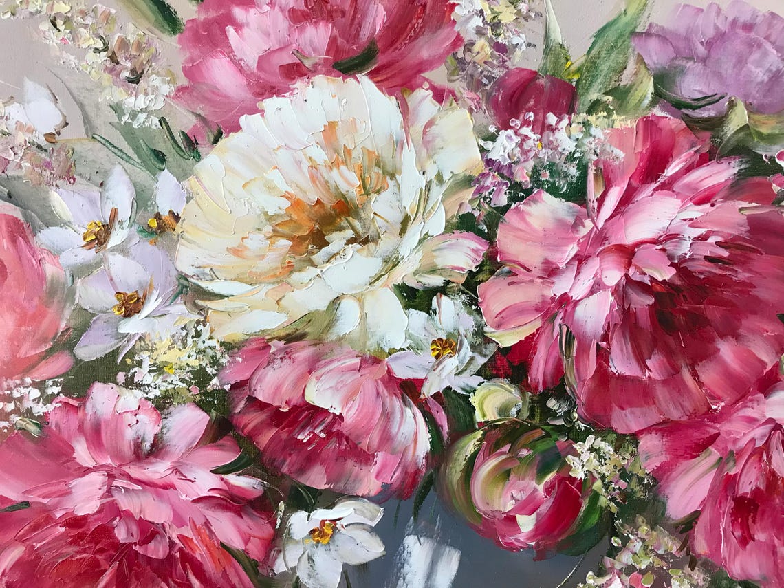 Pink Peonies Painting On Peony Wall Art Pink Peonies Art Flower Bouquet Oil Painting Peonies Wall Art Still Life Painting Of Flowers - Image 2