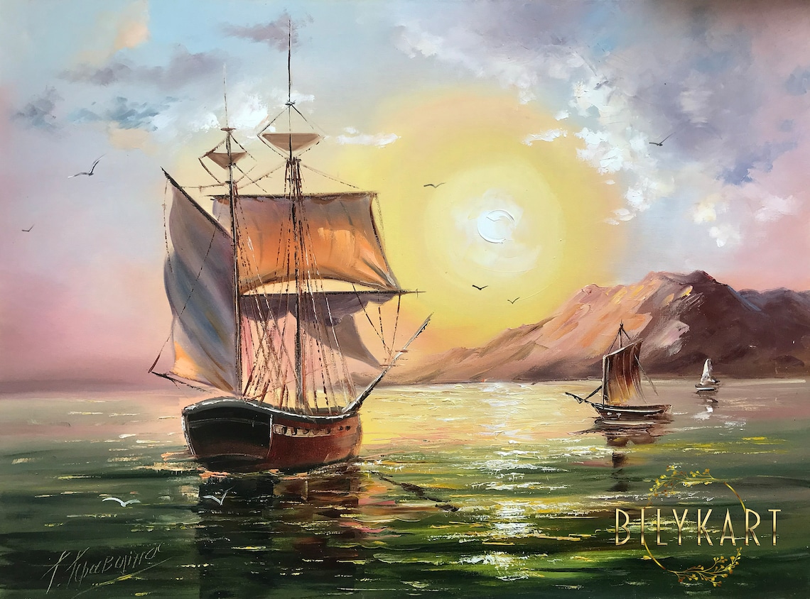Sailing Ship Sunset Ocean Tall Ship Oil Painting Nautical Art Poster